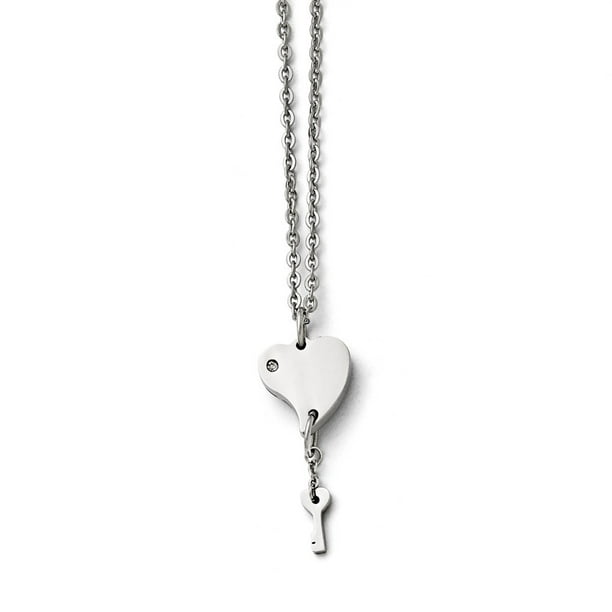 Stainless Steel CZ Heart Lock and Key Pendant Chain Necklace Stainless Steel CZ Heart Lock and Key Pendant Chain Necklace